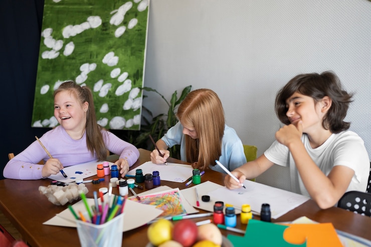 Foto gratuito niños pintando juntos plano medio