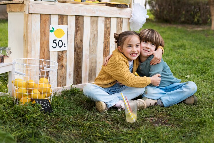 Foto gratuito niños con puesto de limonada