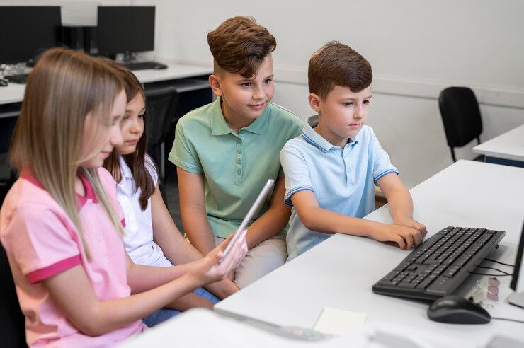 Foto gratuito niños que tienen clase de educación tecnológica.