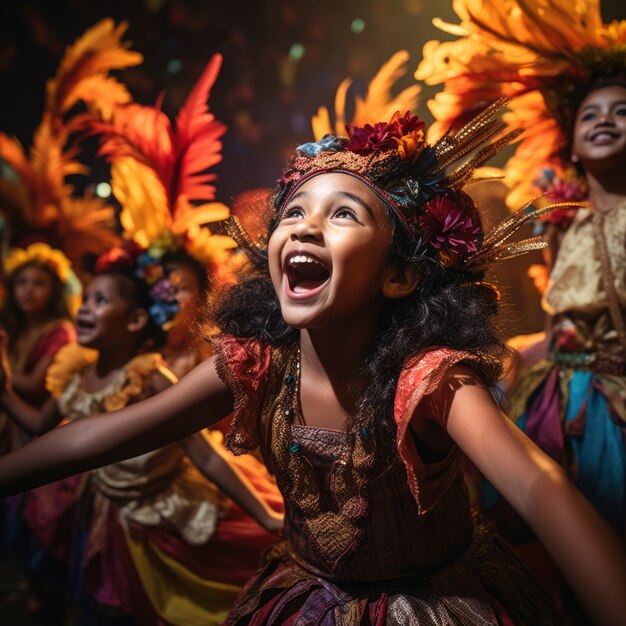 Niños realizando una obra de teatro en el escenario para celebrar el día mundial del teatro