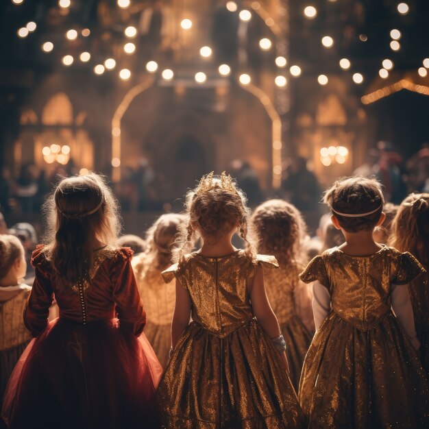 Niños realizando una obra de teatro en el escenario para celebrar el día mundial del teatro