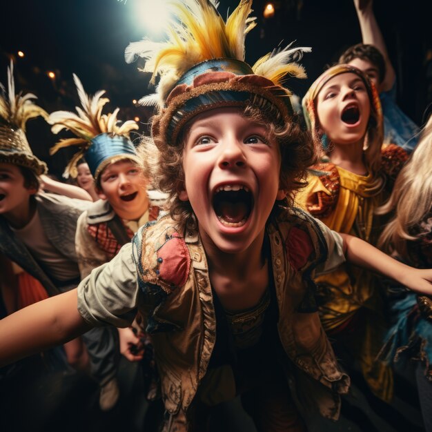 Niños realizando una obra de teatro en el escenario para celebrar el día mundial del teatro