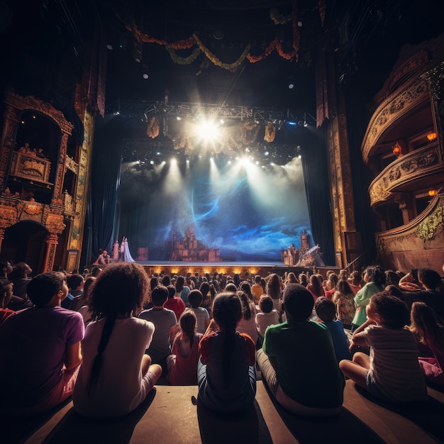 Niños realizando una obra de teatro en el escenario para celebrar el día mundial del teatro