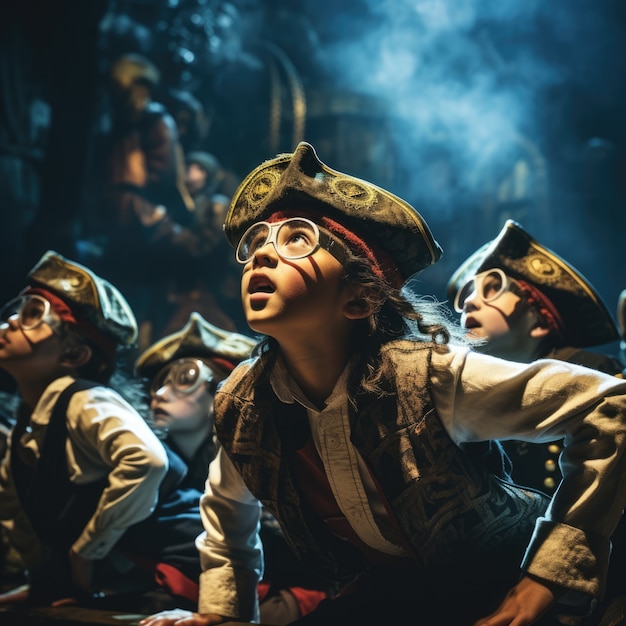 Niños realizando una obra de teatro en el escenario para celebrar el día mundial del teatro