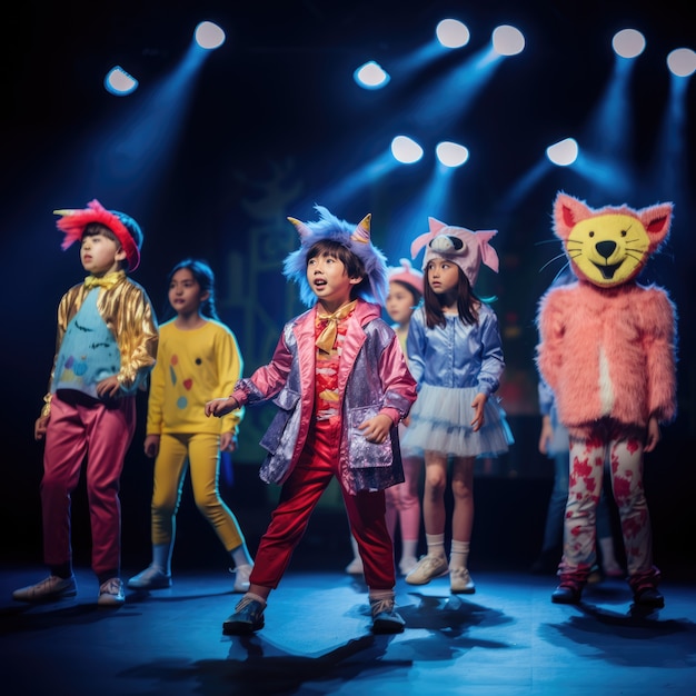 Niños realizando una obra de teatro en el escenario para celebrar el día mundial del teatro