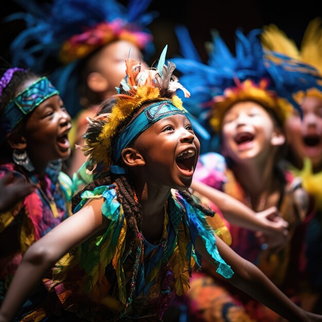 Niños realizando una obra de teatro en el escenario para celebrar el día mundial del teatro