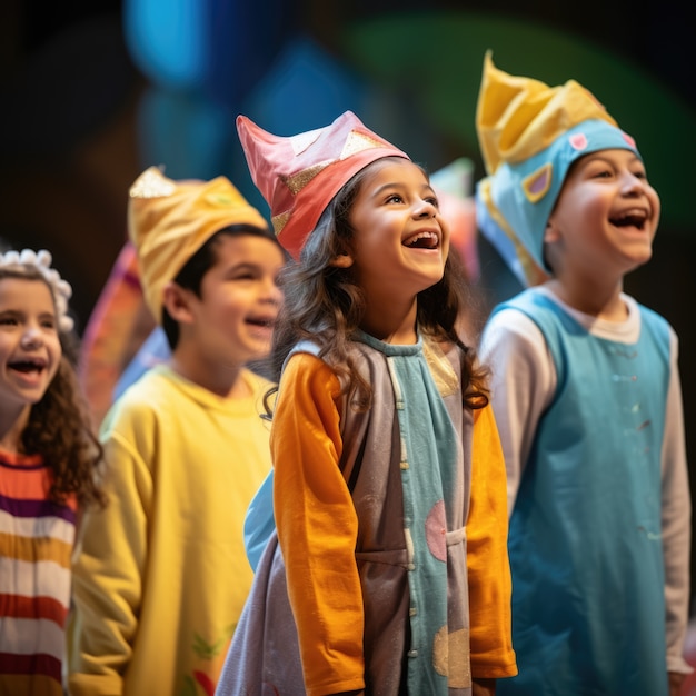 Foto gratuita niños realizando una obra de teatro en el escenario para celebrar el día mundial del teatro