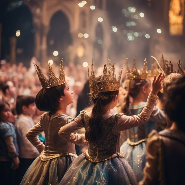 Niños realizando una obra de teatro en el escenario para celebrar el día mundial del teatro