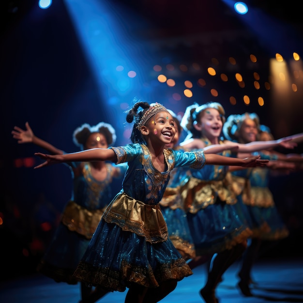 Foto gratuita niños realizando una obra de teatro en el escenario para celebrar el día mundial del teatro