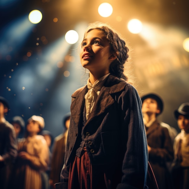 Niños realizando una obra de teatro en el escenario para celebrar el día mundial del teatro