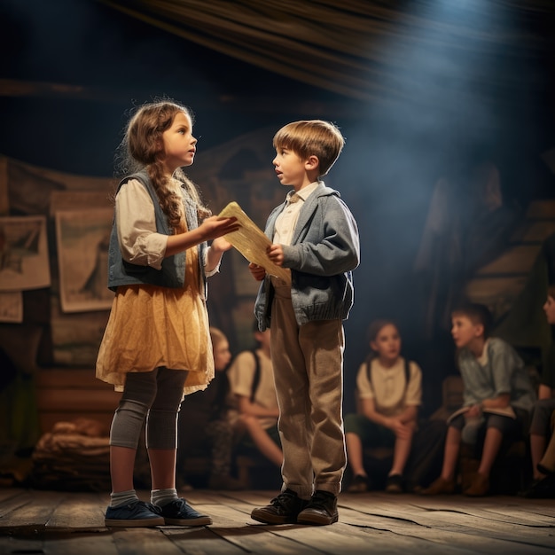 Foto gratuita niños realizando una obra de teatro en el escenario para el día del teatro de palabras