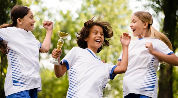 Foto gratuita los niños son felices después de ganar un partido de fútbol.