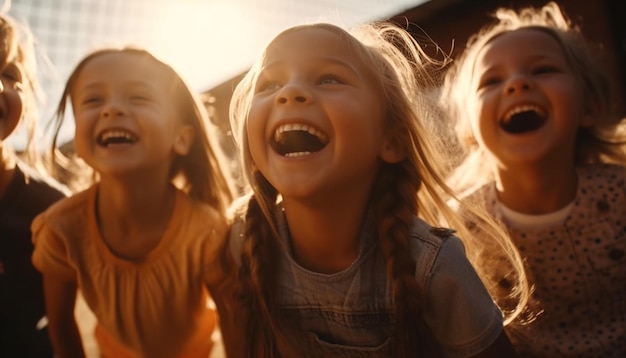 Niños sonrientes jugando al aire libre disfrutando de una infancia sin preocupaciones generada por IA