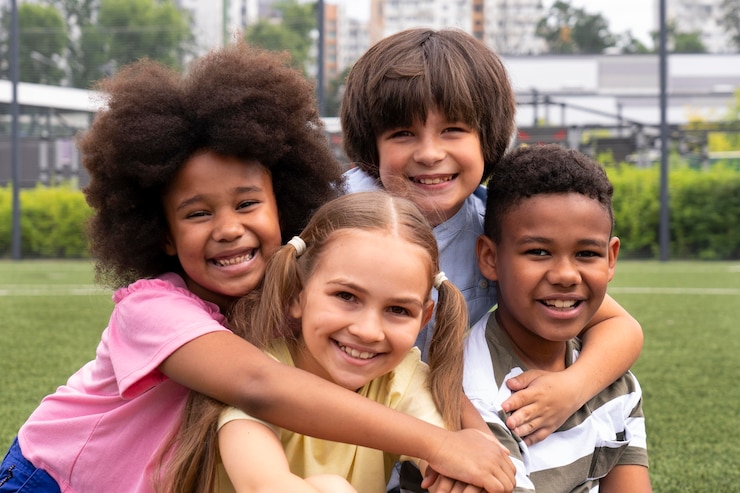 Foto gratuito niños sonrientes de tiro medio posando juntos