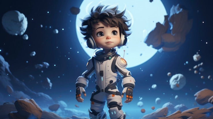 Foto gratuito niños tridimensionales en una aventura para explorar la luna y el espacio
