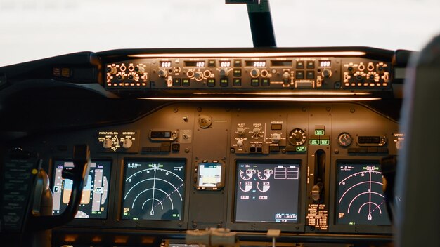 No hay personas en la cabina del avión para volar el avión con navegación, usando el tablero y el comando del panel de control para despegar con el acelerador del motor. Jet de aviación con botones de encendido y palanca de cambio. De cerca.