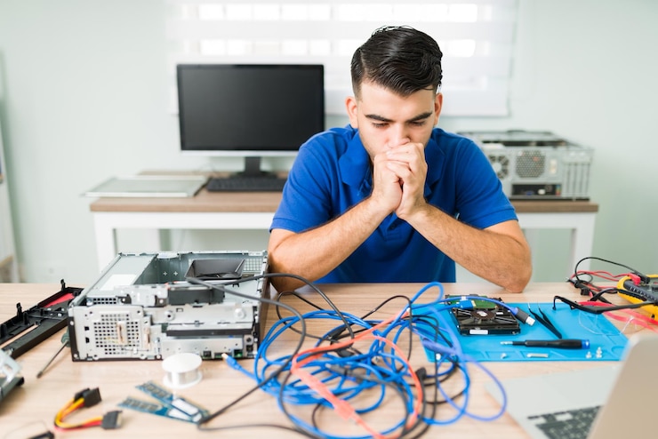 Foto gratuito no se que hacer. técnico preocupado que se siente confundido mientras mira los cables de una computadora y piensa cómo solucionarlo