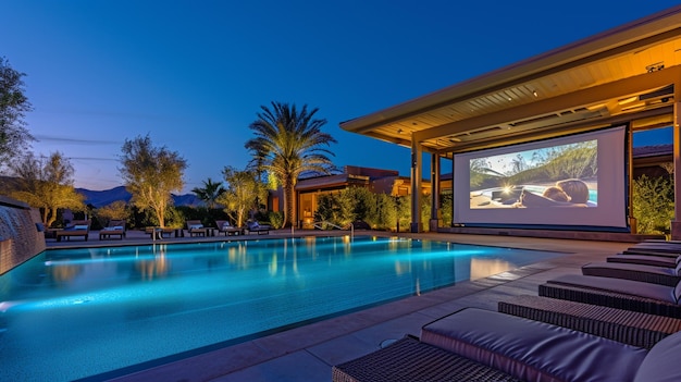 Foto gratuita una noche de cine junto a la piscina para toda la familia