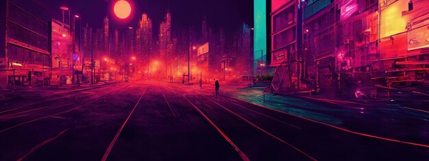 Noche de ciudad de neón Cyberpunk Escena de ciudad futurista en un estilo de arte de píxeles Papel tapiz de los años 80 Futuro retro Ilustración generativa de IA Escena urbana