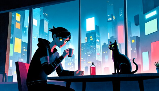 Noche cyberpunk con una chica y un gato negro