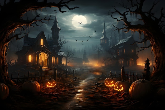 Foto gratuita noche de halloween de terror estilo de dibujos animados en 3d con mansión y calabaza