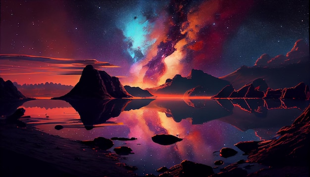 Noche naturaleza paisaje galaxia montaña agua estrella belleza generativa AI