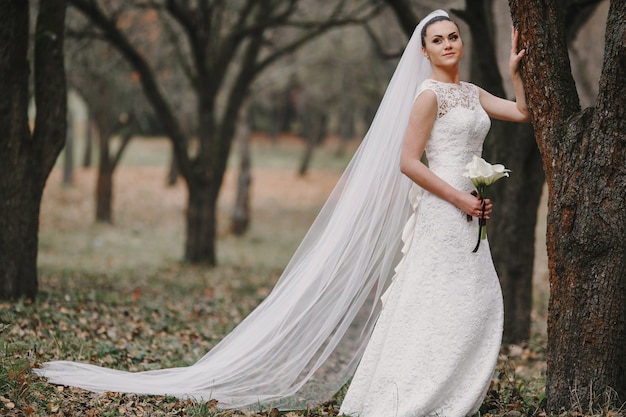 Novia apoyada en un árbol