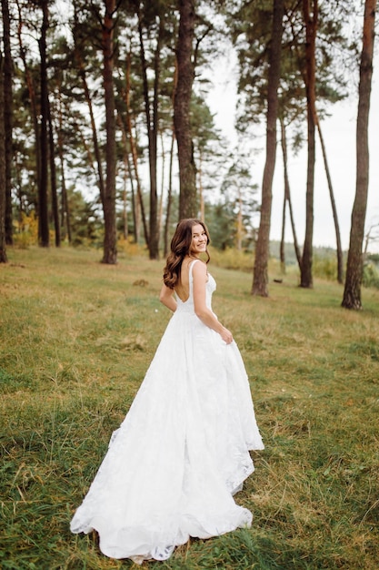 La novia y el novio corren por un bosque Sesión de fotos de boda