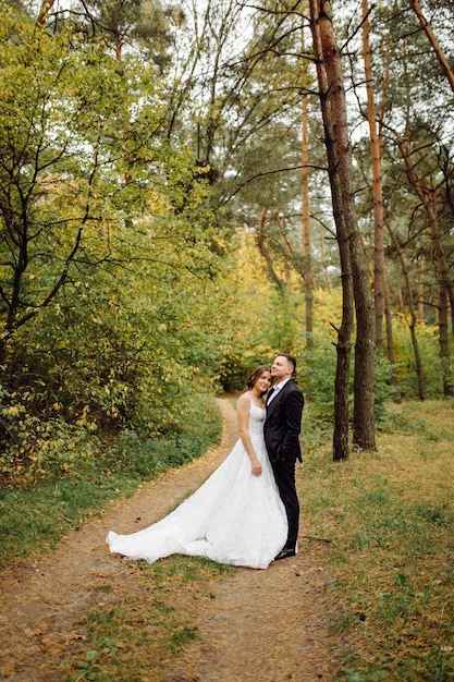 La novia y el novio corren por un bosque Sesión de fotos de boda