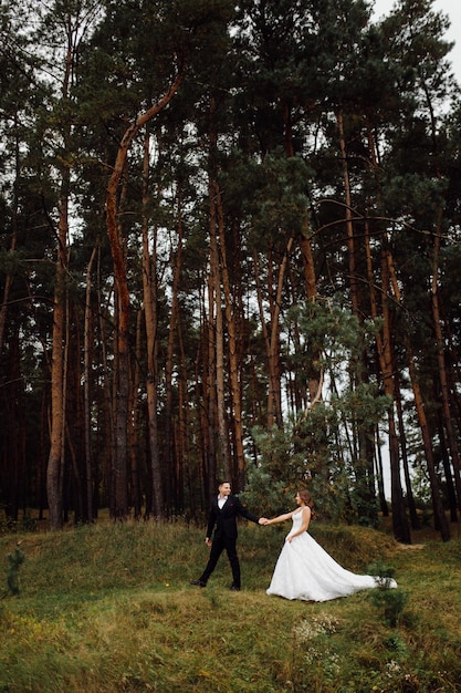 La novia y el novio corren por un bosque Sesión de fotos de boda