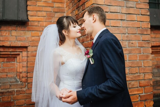 Novia y el novio en el día de la boda caminando Al aire libre cerca de la arquitectura.