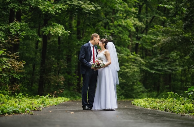 Novia y el novio en el día de la boda, caminando al aire libre en verano en la naturaleza.