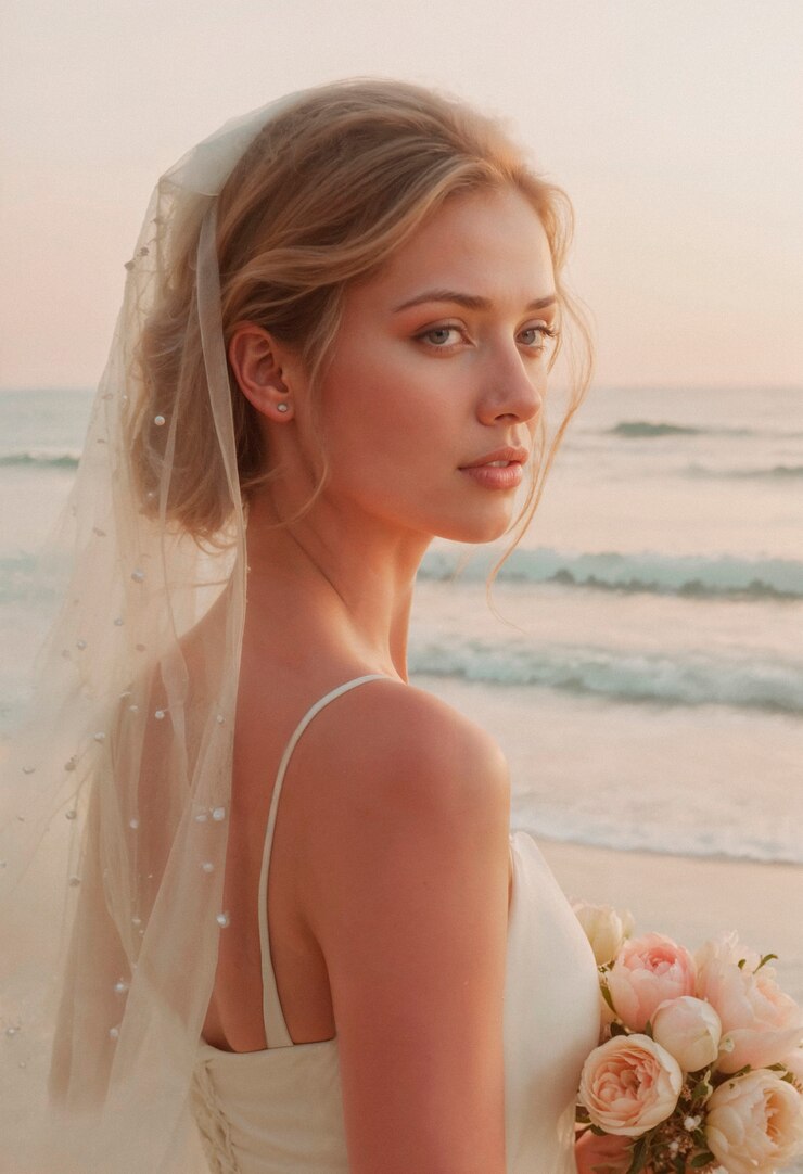 Novia en la playa al atardecer con un ramo de flores