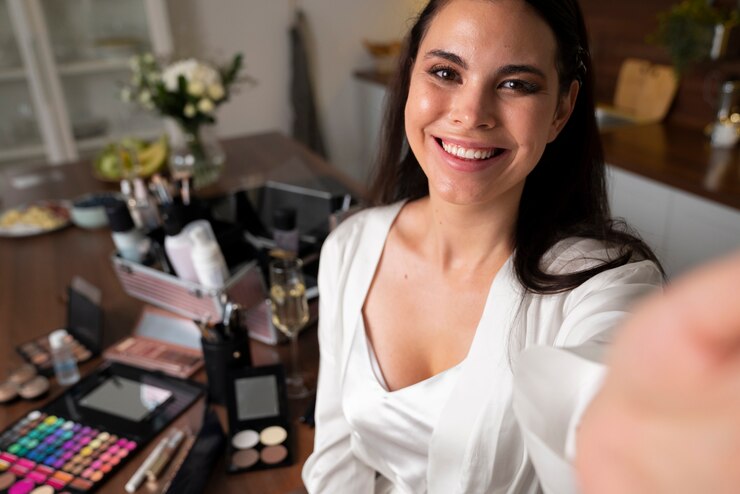 Foto gratuito novia sonriente de alto ángulo en el interior