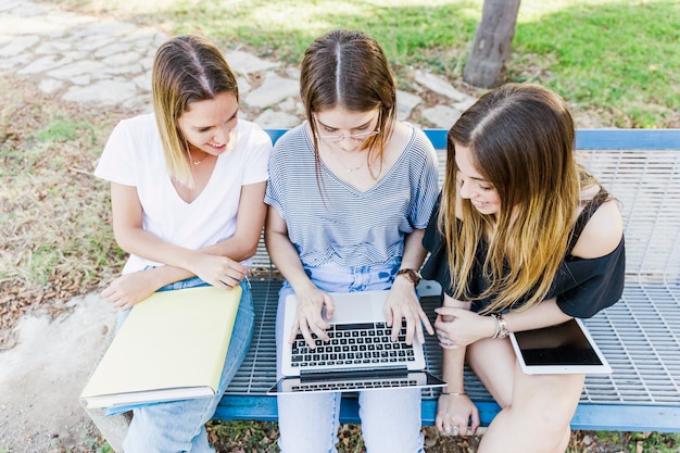 Novias que estudian con la computadora portátil en banco