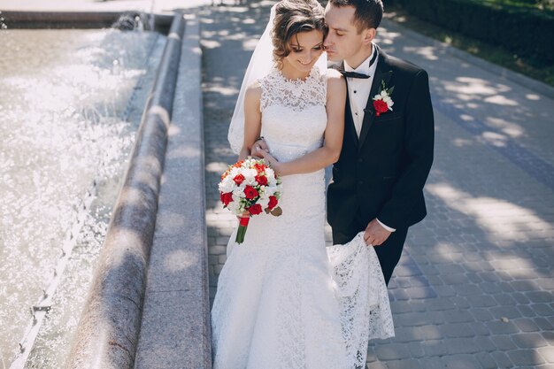 Novio besando a la novia cerca de la fuente