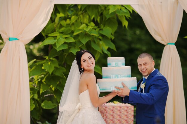 Novios levantando el pastel de bodas