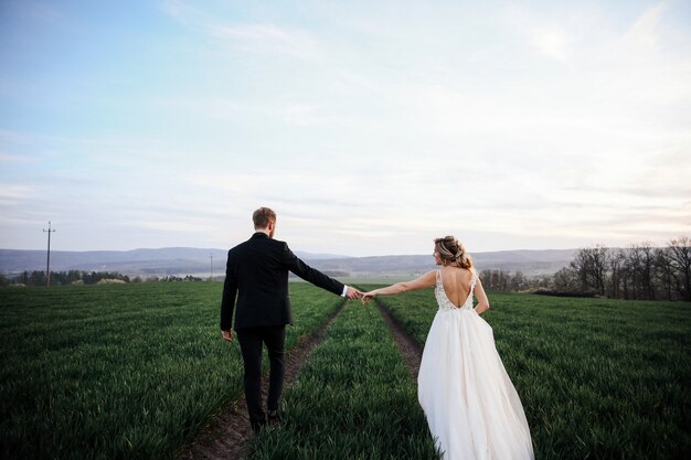 Los novios tomados de las manos caminan por el sendero afuera