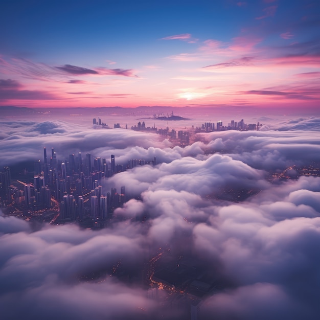 Nubes de estilo fantasía con ciudad