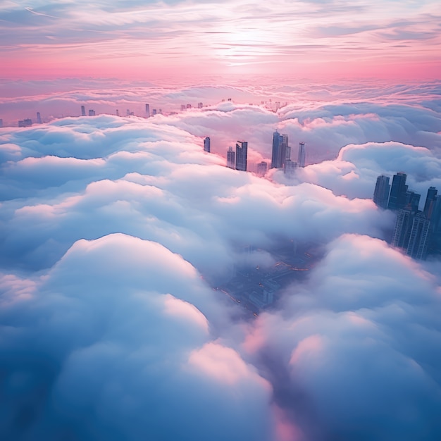 Nubes de estilo fantasía con ciudad