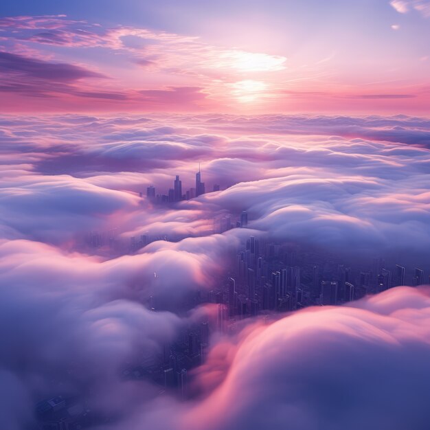 Nubes de estilo fantasía con ciudad