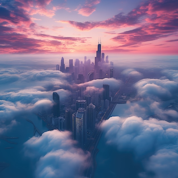 Nubes de estilo fantasía con ciudad