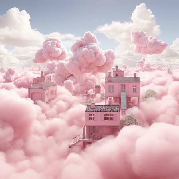 Nubes de estilo fantasía con ciudad