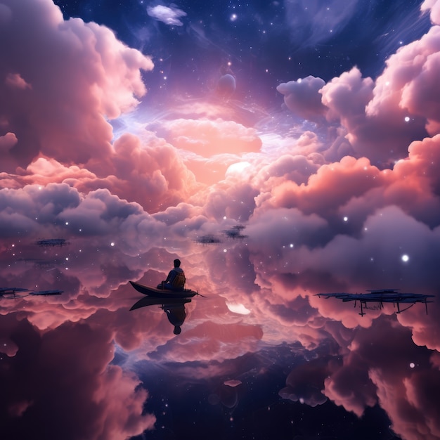 Foto gratuita nubes de estilo fantasía y un hombre en un barco