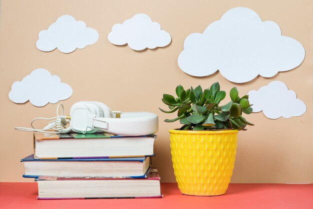 Nubes y planta cerca de auriculares y libros