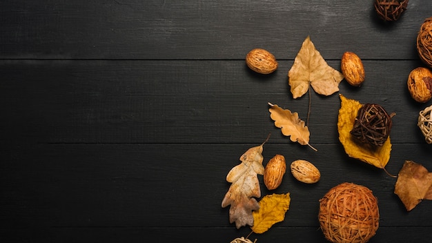 Foto gratuita núcleos y hojas cerca de bolas decorativas