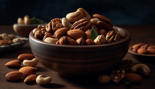 Foto gratuita nueces saludables en un tazón de madera rústico generado por ia