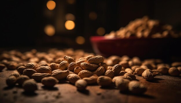 Nueces y semillas orgánicas en mesa de madera rústica AI generativa