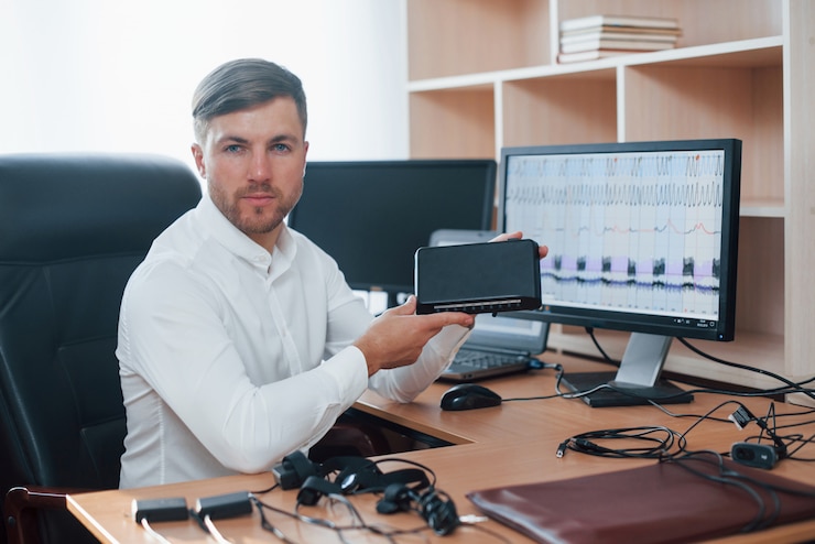 Foto gratuito nuestro nuevo dispositivo. el examinador de polígrafo trabaja en la oficina con el equipo de su detector de mentiras