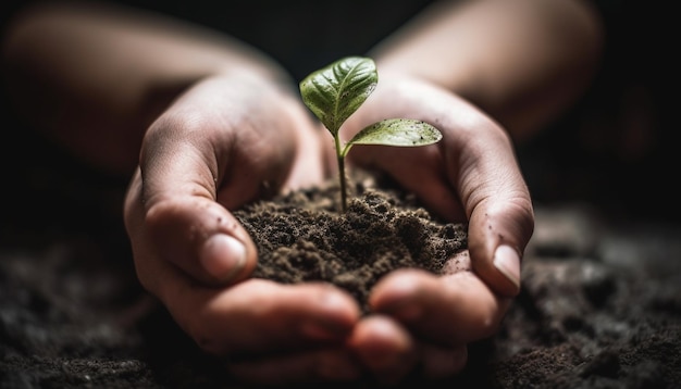 Una nueva vida comienza con la mano humana plantando semillas generadas por IA